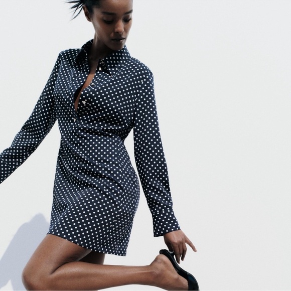 Zara Polka Dots Long Sleeves with Collar Quarter Button Up Mini Dress Size M - Picture 2 of 7